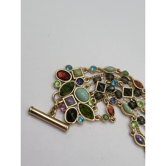 Multicolor Glass Cabochon Multi Strand Toggle Bracelet Gold Tone 7.5 Inch - Picture 2 of 10